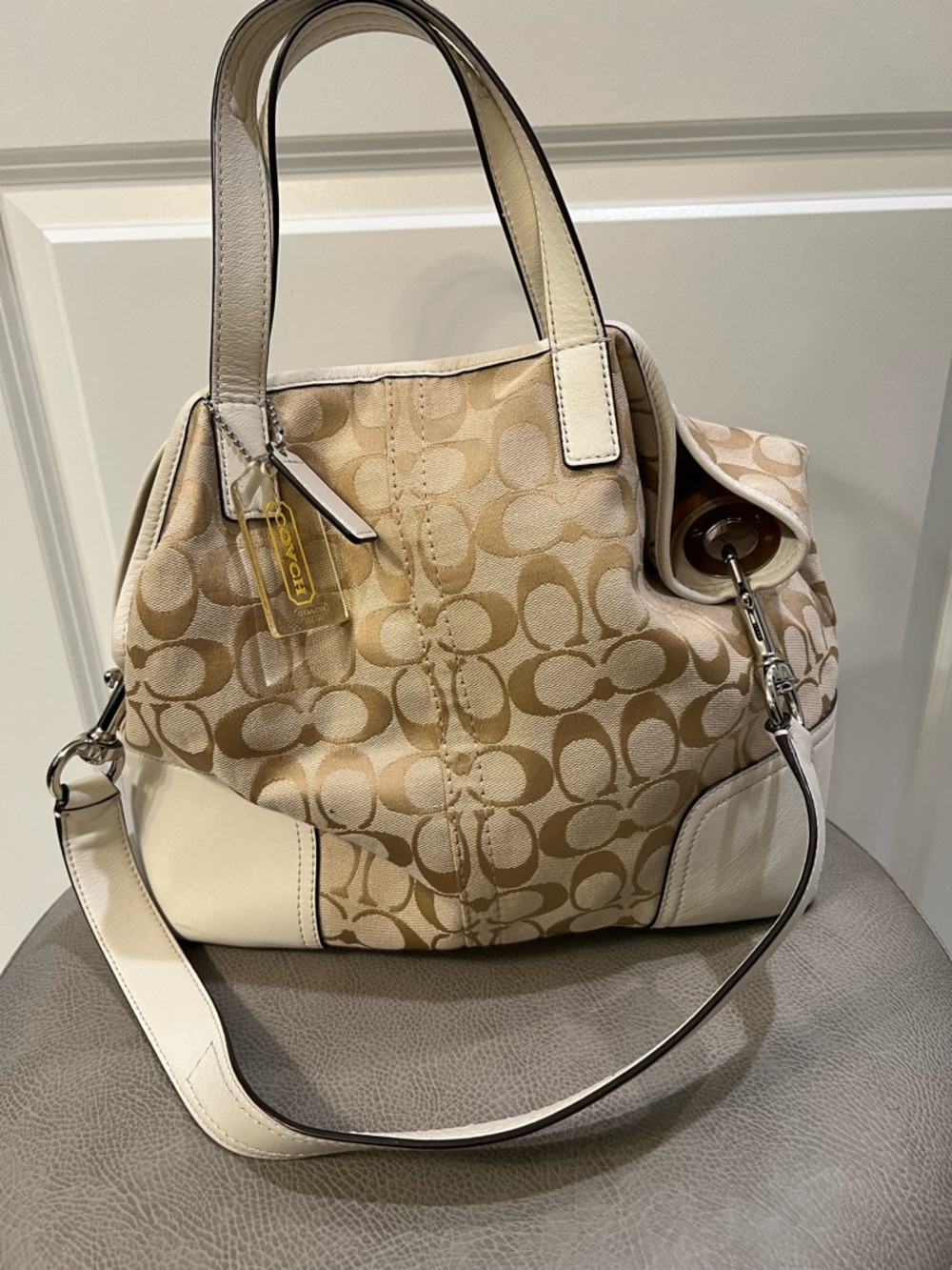 Coach Beige Signature Canvas Shoulder Bag with Cream Leather Accents